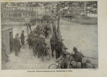 1917 - alter Druck - Bulgarische Radfahrerabteilung auf der Bardarbrücke in Beles